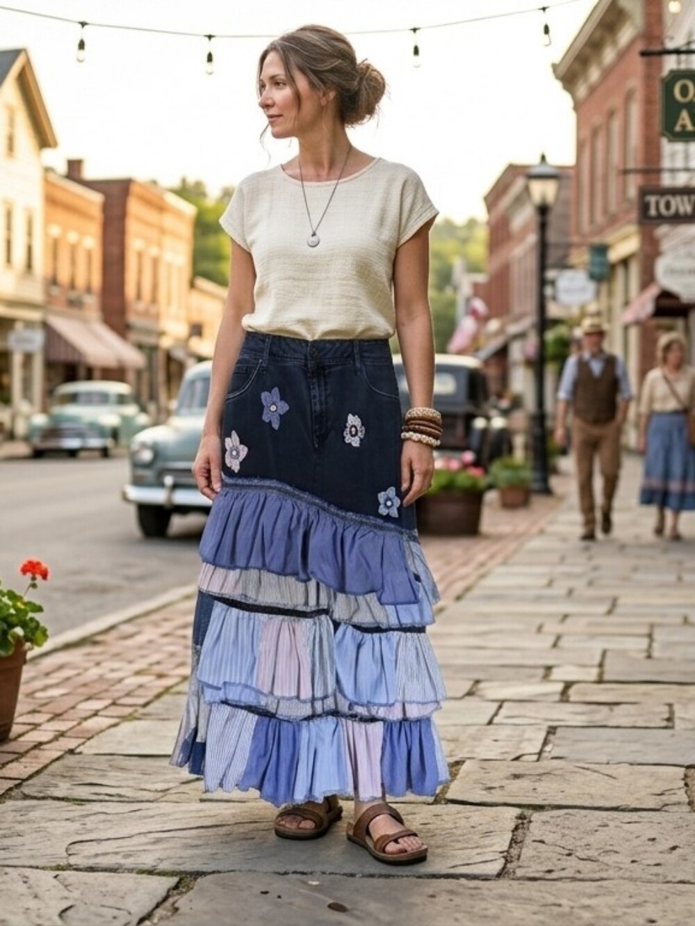 HAND CRAFTED Midi Skirt UPCYCLED Blue Denim Striped Shirt Ragged Plus Size 18w - Picture 2 of 11